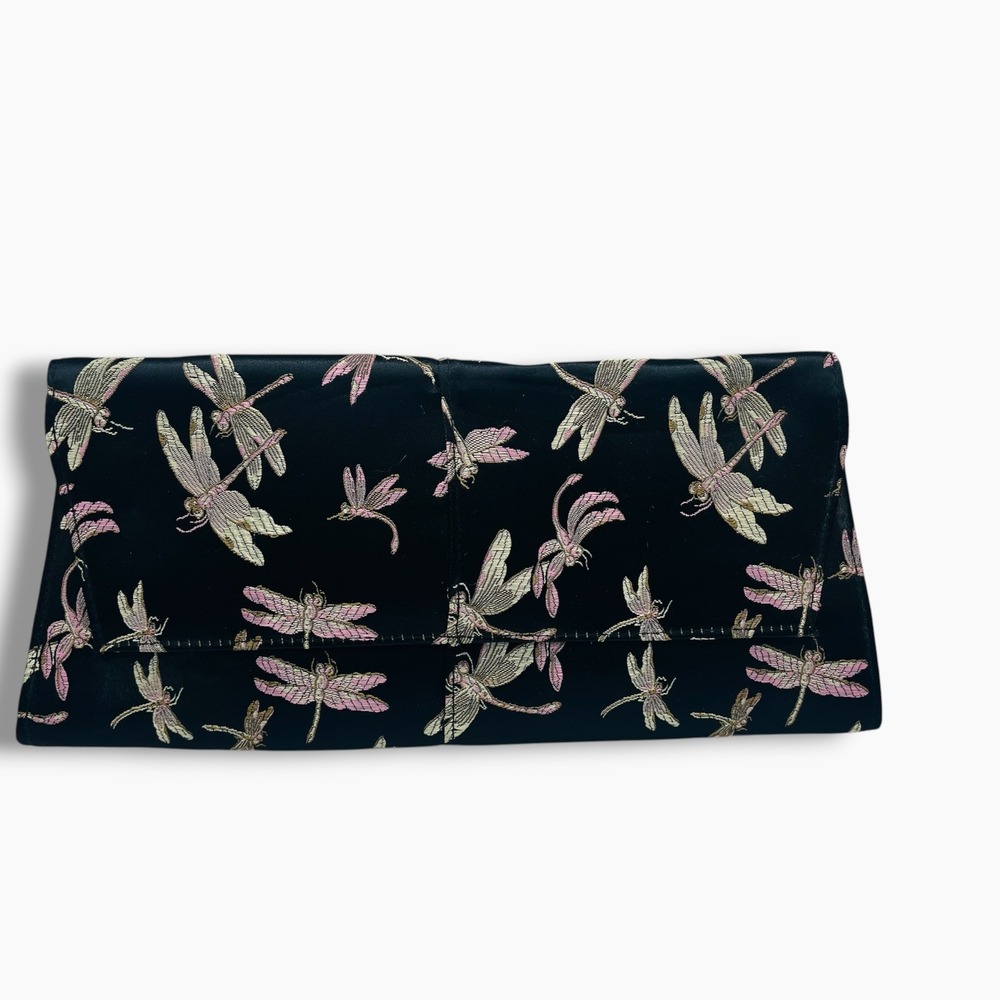Dragonfly Embroidered Satin Clutch Bag Black Purple Evening Bag with Chain Strap